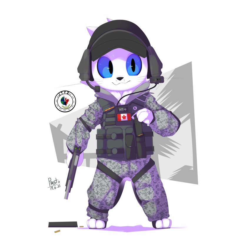 1:1 2017 3_fingers 3_toes :3 ambiguous_gender ammunition anthro armor black_nose black_pupils black_sclera blue_eyes body_armor camo camo_clothing camo_print canadian_flag clothing digital_media_(artwork) feet fingers furgonomics grey_clothing gun handgun harp_seal hat headgear headphones headwear hi_res holding_object logo magazine_(gun) mammal maple_leaf marine microphone pattern_clothing pinniped pistol pouches presto_(artist) pupils ranged_weapon seal shadow shell_casings signature simple_background snout solo standing straps toes vanka_(presto) weapon whiskers white_background white_body wire