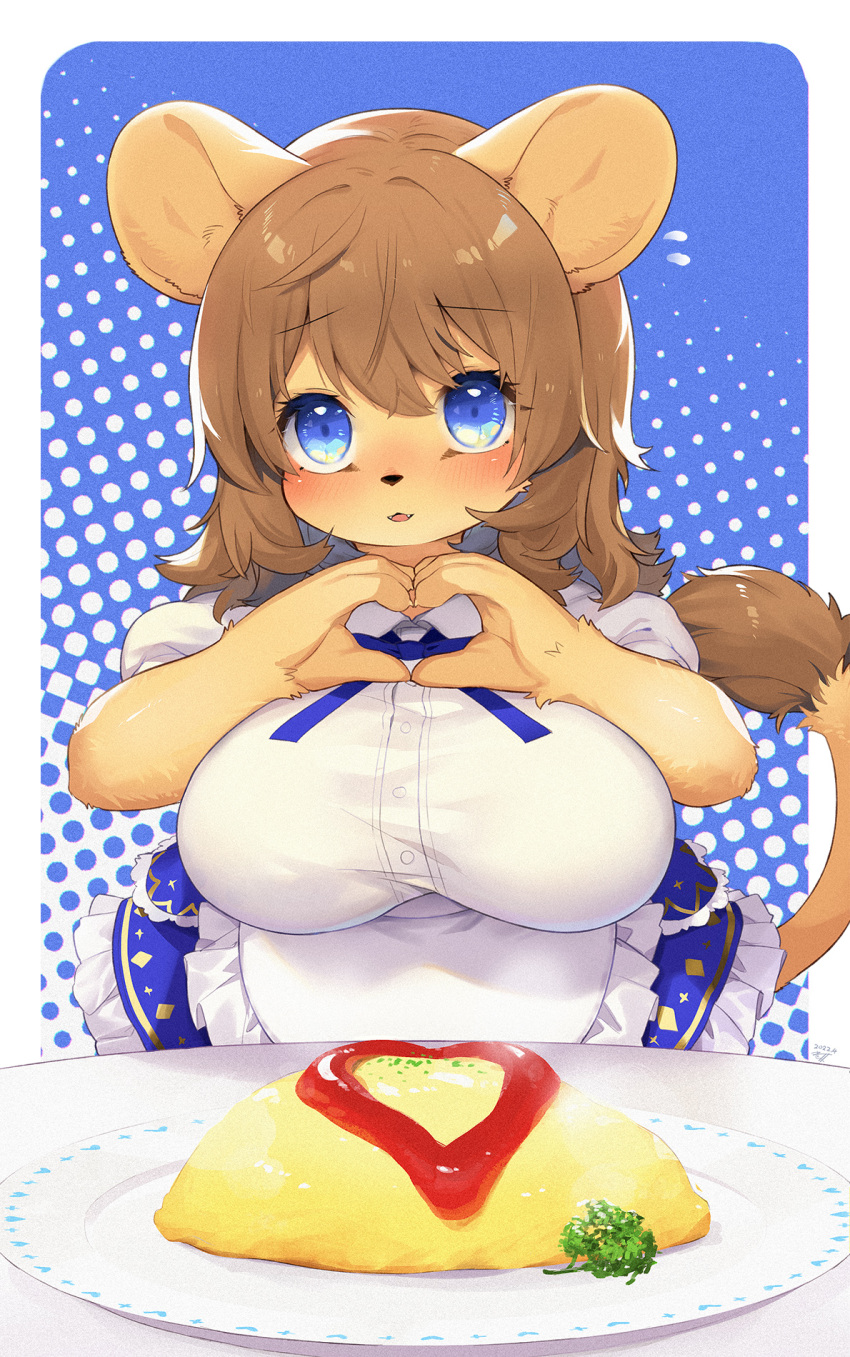 &lt;3 2022 4_fingers anthro apron black_nose blue_eyes blush breasts brown_body brown_fur brown_hair claws clothed clothing cute_fangs dated dress eyelashes felid female finger_claws fingers food frilly frilly_clothing fur gesture hair hand_heart hi_res kemono ketchup kishibe lion looking_at_viewer mammal multicolored_body multicolored_fur omelette pantherine plate signature solo tan_body tan_fur translated_description two_tone_body two_tone_fur