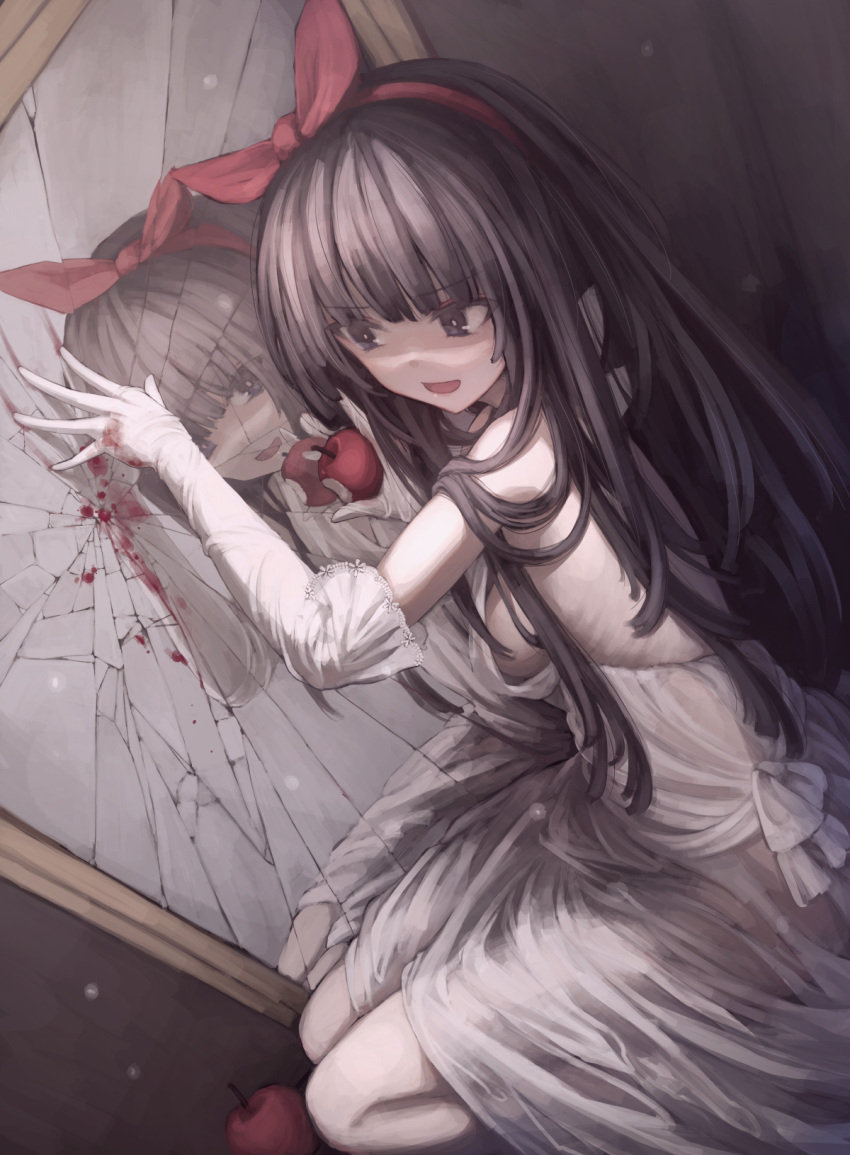 1girl apple bare_shoulders bleeding blood blood_on_clothes blood_on_gloves bow broken broken_mirror brown_hair dress eyebrows_visible_through_hair food fruit gloves hair_bow highres holding holding_food holding_fruit kneeling long_hair mirror open_mouth original osabachan pink_pupils purple_eyes reflection see-through see-through_silhouette silhouette smile solo white_dress white_gloves