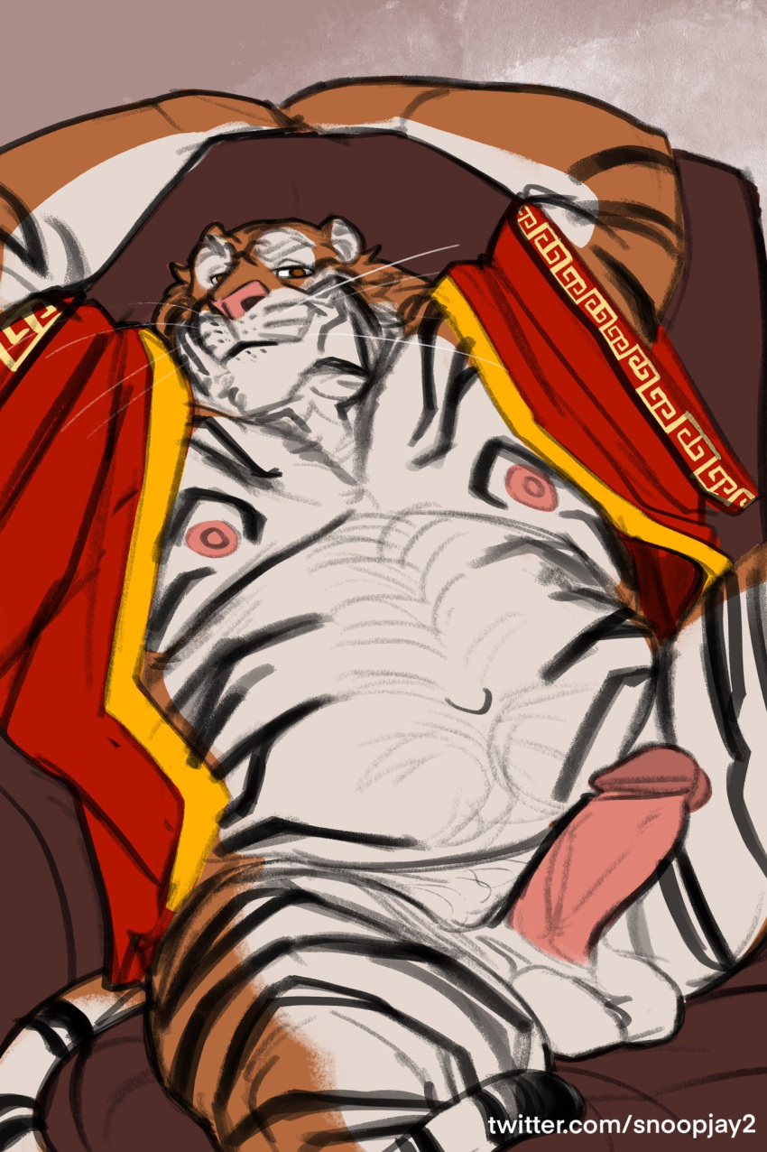 anthro balls bottomless chinese_new_year chinese_zodiac clothed clothing erection felid fur genitals hi_res male mammal navel nipples orange_body orange_fur pantherine penis red_clothing robe slightly_chubby snoopjay2 solo striped_body striped_fur stripes tiger