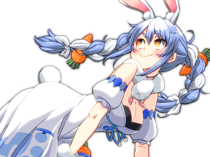 1girl animal_ears aono3 bangs black_leotard blue_hair braid breasts bunny-shaped_pupils carrot_hair_ornament coat food-themed_hair_ornament fur-trimmed_coat fur_trim hair_ornament highres hikimayu hololive leotard leotard_under_clothes long_hair multicolored_hair orange_eyes playboy_bunny rabbit_ears rabbit_girl rabbit_tail short_eyebrows small_breasts solo strapless strapless_coat strapless_leotard swept_bangs symbol-shaped_pupils tail thick_eyebrows twin_braids twintails two-tone_hair usada_pekora virtual_youtuber white_coat white_hair