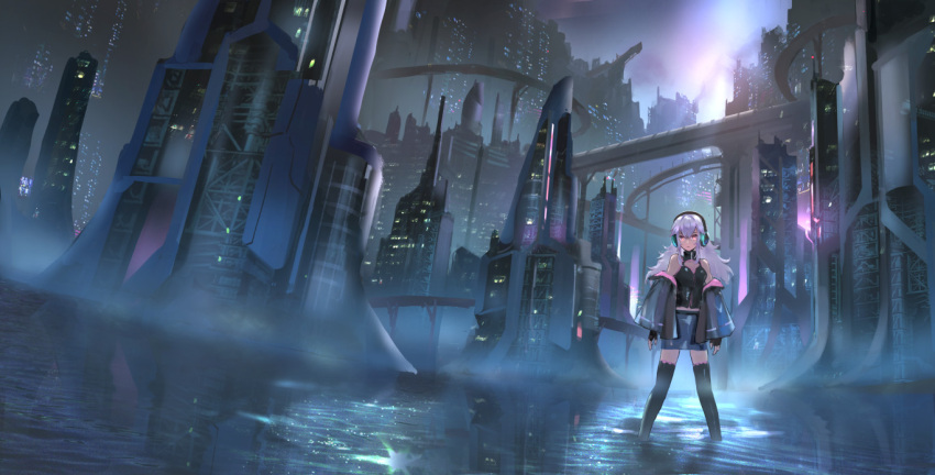 1girl bare_shoulders black_gloves black_jacket black_legwear black_shirt blue_skirt breasts building city commentary_request day denki fingerless_gloves gloves headphones jacket long_hair long_sleeves looking_at_viewer low_twintails off_shoulder open_clothes open_jacket original outdoors red_eyes science_fiction shallow_water shirt silver_hair skirt sleeveless sleeveless_shirt sleeves_past_wrists small_breasts solo standing thighhighs twintails wading water wide_sleeves