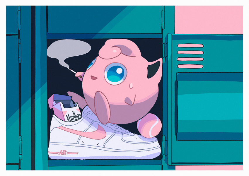 absurdres ball blue_eyes border bright_pupils cigarette commentary_request highres holding holding_cigarette jigglypuff locker marlboro no_humans open_mouth pokemon pokemon_(creature) saiku_(zvlku) shoes shoes_removed smile sneakers sweatdrop tennis_ball tongue white_border white_pupils