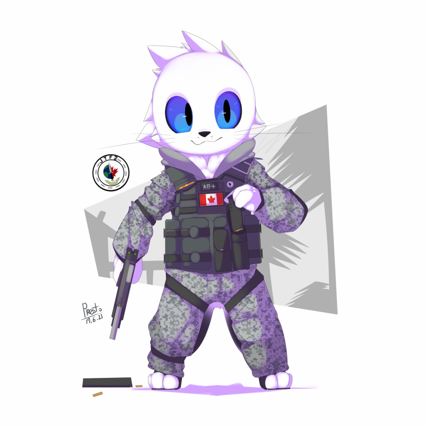1:1 3_fingers 3_toes :3 ambiguous_gender ammunition anthro armor black_nose black_pupils black_sclera blue_eyes body_armor camo camo_clothing camo_print canadian_flag clothing digital_media_(artwork) feet fingers furgonomics grey_clothing gun handgun harp_seal hi_res holding_object logo magazine_(gun) mammal maple_leaf marine pattern_clothing pinniped pistol pouches presto_(artist) pupils ranged_weapon seal shadow shell_casings signature simple_background snout solo standing straps toes vanka_(presto) weapon whiskers white_background white_body wire
