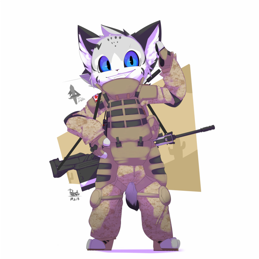1:1 2017 3_toes ambiguous_gender anthro armor black_ears black_markings black_pawpads black_pupils black_sclera black_spots black_tail blue_eyes body_armor bottomwear bullpup_rifle cactus camo camo_bottomwear camo_clothing camo_pants camo_print canadian_flag clenched_teeth clothing cute_fangs dated digital_media_(artwork) english_text feet felid feline fingerless_gloves front_view fur furgonomics gesture gloves grey_body grey_fur grey_tail gun hand_on_hip handwear hi_res knee_pads logo looking_at_viewer lynx magazine_(gun) male_(lore) mammal maple_leaf markings military_uniform multicolored_body multicolored_fur multicolored_tail pants pattern_bottomwear pattern_clothing pattern_pants pawpads plant pose pouches presto_(artist) pupils ranged_weapon rifle signature silencer simple_background smile solo spots spotted_markings standing straps striped_markings stripes tan_bottomwear tan_clothing tan_pants teeth text toes uniform verk_(presto) weapon white_background white_body white_fur
