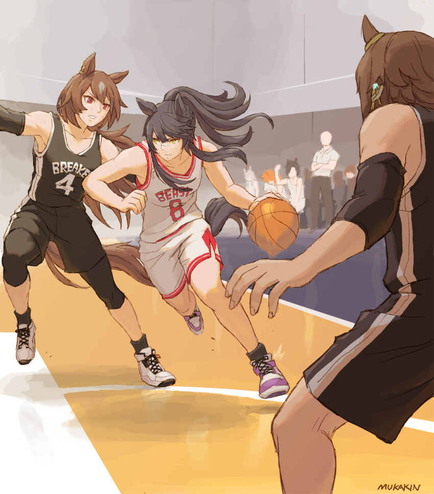 3girls animal_ears artist_name bandaid bandaid_on_face bandaid_on_nose bangs bare_arms bare_shoulders basketball basketball_jersey basketball_uniform black_hair black_legwear black_shorts brown_hair collarbone commentary_request compression_sleeve crowd faceless faceless_male gym highres horse_ears horse_girl horse_tail indoors long_hair mukakin multiple_girls narita_brian_(umamusume) ponytail red_eyes running shoes shorts sirius_symboli_(umamusume) sneakers socks sportswear standing standing_on_one_leg sweat tail tank_top umamusume vodka_(umamusume) white_shorts yellow_eyes