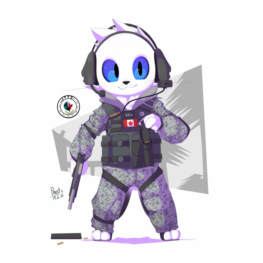 1:1 3_fingers 3_toes :3 ambiguous_gender ammunition anthro armor black_nose black_pupils black_sclera blue_eyes body_armor camo camo_clothing camo_print canadian_flag clothing digital_media_(artwork) feet fingers furgonomics grey_clothing gun handgun harp_seal headphones hi_res holding_object logo magazine_(gun) mammal maple_leaf marine microphone pattern_clothing pinniped pistol pouches presto_(artist) pupils ranged_weapon seal shadow shell_casings signature simple_background snout solo standing straps toes vanka_(presto) weapon whiskers white_background white_body wire