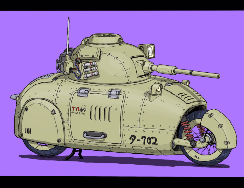 canon fusion gatling_santouhei ground_vehicle highres military military_vehicle motor_vehicle motorcycle no_humans original purple_background science_fiction simple_background tank unconventional_vehicle vehicle_focus