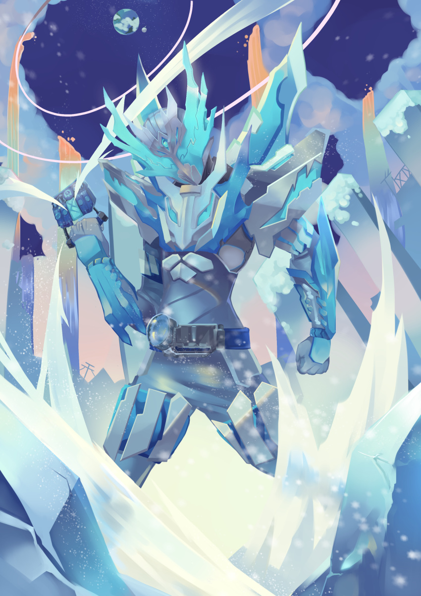 1boy absurdres adapted_costume alternate_costume alternate_universe armor blizzard_knuckle build_driver compound_eyes cowboy_shot crystal dragon full_body highres ice ice_dragon kamen_rider kamen_rider_build_(series) kamen_rider_cross-z male_focus roxas_(1258062076) science_fiction shoulder_armor solo tokusatsu white_armor winter
