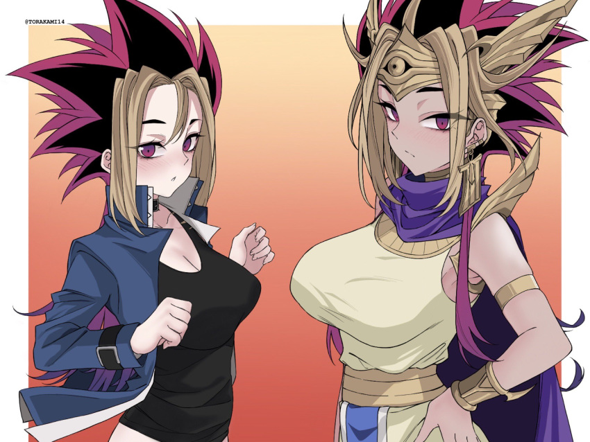 2girls armlet atem belt belt_collar black_hair black_shirt blonde_hair blue_jacket blush bracelet breasts cape cleavage closed_mouth collar dark-skinned_female dark_skin dual_persona earrings egyptian_clothes genderswap genderswap_(mtf) gold hand_on_hip highres jacket jewelry large_breasts long_hair looking_at_viewer multicolored_hair multiple_girls mutou_yuugi parted_lips purple_cape purple_eyes purple_hair shirt sleeveless sleeveless_shirt spiked_hair tiara torakami14 upper_body usekh_collar yu-gi-oh! yu-gi-oh!_duel_monsters