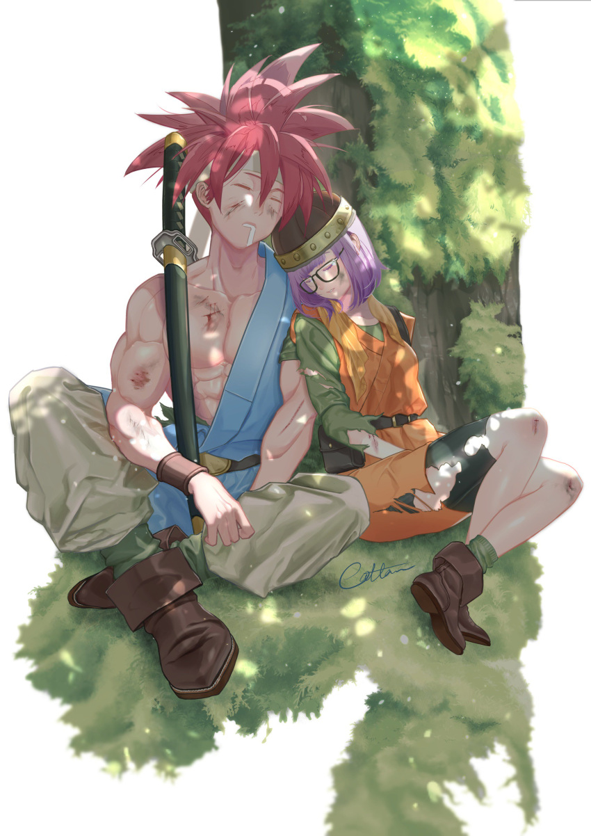 1boy 1girl absurdres ayumilani belt bike_shorts boots breasts chrono_trigger closed_eyes crono_(chrono_trigger) full_body glasses grass headband helmet highres lucca_ashtear muscular muscular_male purple_hair red_hair scarf short_hair signature sleeping sleeping_upright spiked_hair sword torn_clothes tree weapon