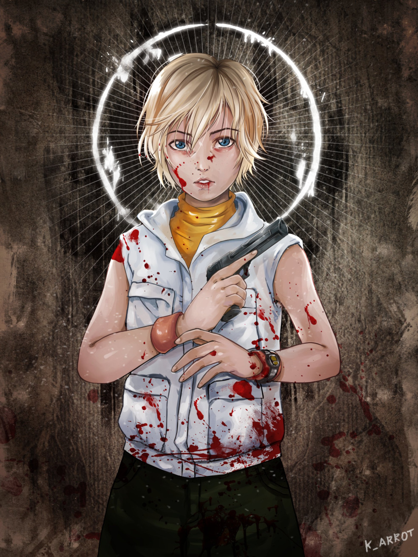 1girl absurdres blonde_hair blood gun heather_mason highres jacket k_arrot lips looking_at_viewer short_hair silent_hill_(series) silent_hill_3 sleeveless sleeveless_turtleneck solo turtleneck vest watch weapon wristband wristwatch