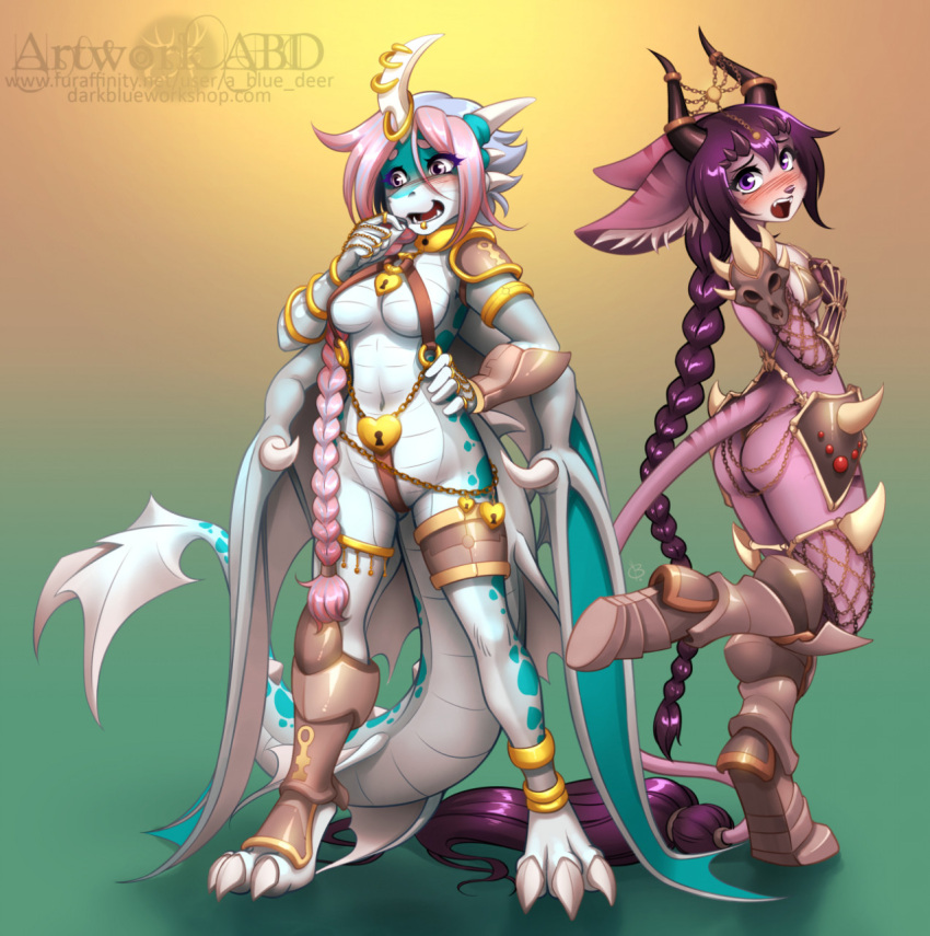 abluedeer anthro armor bat_wings blush breasts clothed clothing covering_chest dragon duo embarrassed female fur hair hi_res horn inner_ear_fluff long_hair mammal membrane_(anatomy) membranous_wings navel piercing pink_body pink_fur pink_hair ponytail purple_hair tail_tuft teal_scales teal_wings tuft unconvincing_armor wings