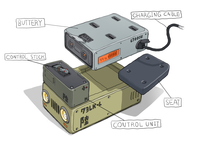 cable control_stick english_text gatling_santouhei highres no_humans original simple_background vehicle_focus white_background