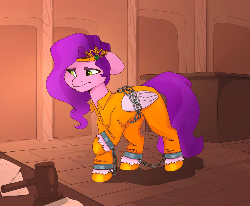 bound chain clothing crown cuff_(restraint) ears_down equid equine eyebrows female feral green_eyes hair hasbro hi_res hooves mammal mlp_g5 my_little_pony nervous pegasus pink_body pipp_petals_(mlp) pivoted_ears prison_uniform purple_hair purple_tail restraints shackles shooshaa uniform wings