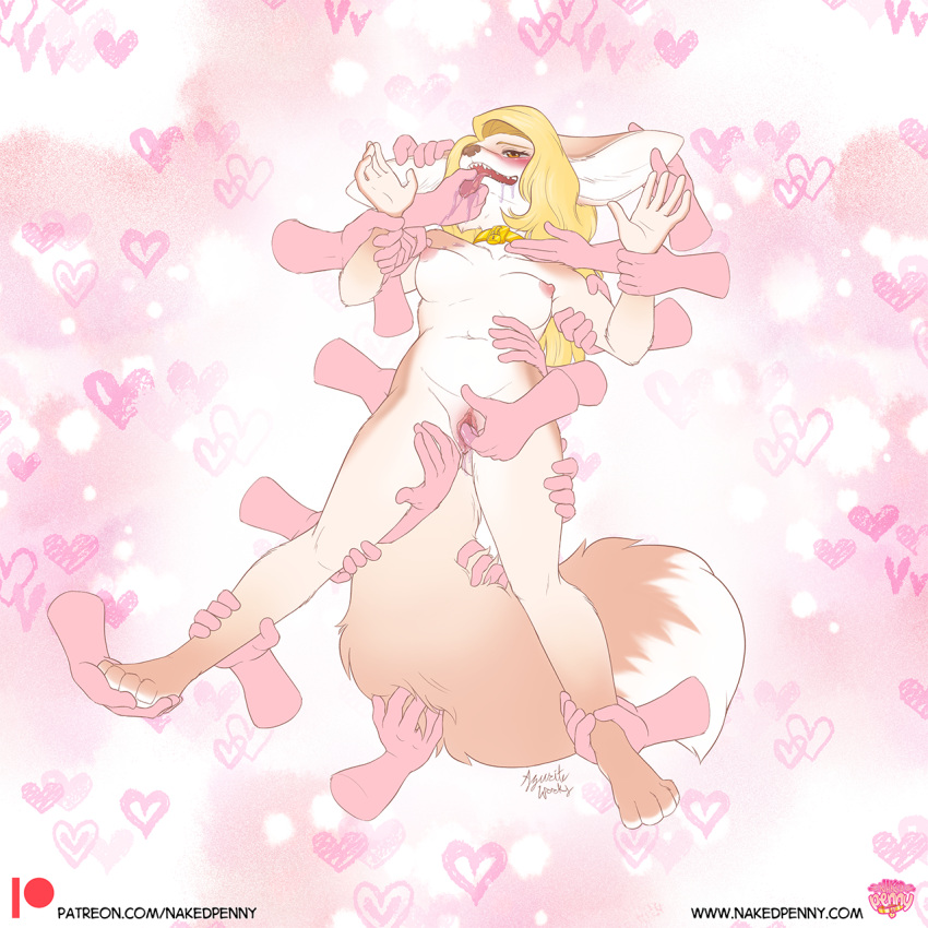 &lt;3 1:1 2022 4_toes 5_fingers anthro azurite_works black_nose blonde_hair bodily_fluids breasts brown_eyes canid canine clitoris dipstick_tail disembodied_hand drooling eyebrows eyelashes feet female fennec fingering fingers fox fur genitals ghost_hands grope group hair hi_res humanoid_genitalia humanoid_pussy mammal markings multicolored_body multicolored_fur navel nipples penny_fenmore pink_nipples pink_pussy pink_tongue pussy saliva tail_markings tan_body tan_fur team_penny text toes tongue two_tone_body two_tone_fur url vaginal vaginal_fingering white_body white_fur