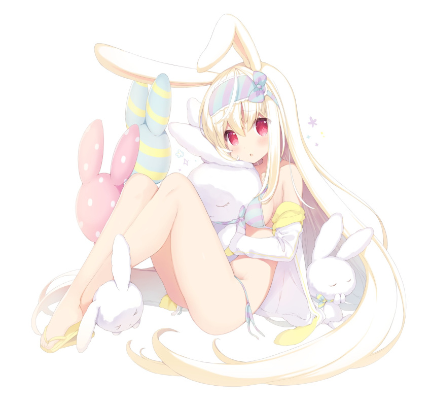 1girl animal_ears bangs bare_legs bare_shoulders bikini blonde_hair blush bow breasts chestnut_mouth commentary_request cynthia_riddle eyebrows_visible_through_hair full_body hair_between_eyes hair_bow hairband head_tilt highres jacket long_hair looking_at_viewer medium_breasts mofu-mofu_after_school mofumofu_channel off_shoulder open_clothes open_jacket p19 parted_lips rabbit_ears red_eyes sandals side-tie_bikini sidelocks simple_background sitting solo stuffed_animal stuffed_bunny stuffed_toy swimsuit very_long_hair virtual_youtuber white_background white_jacket yellow_footwear