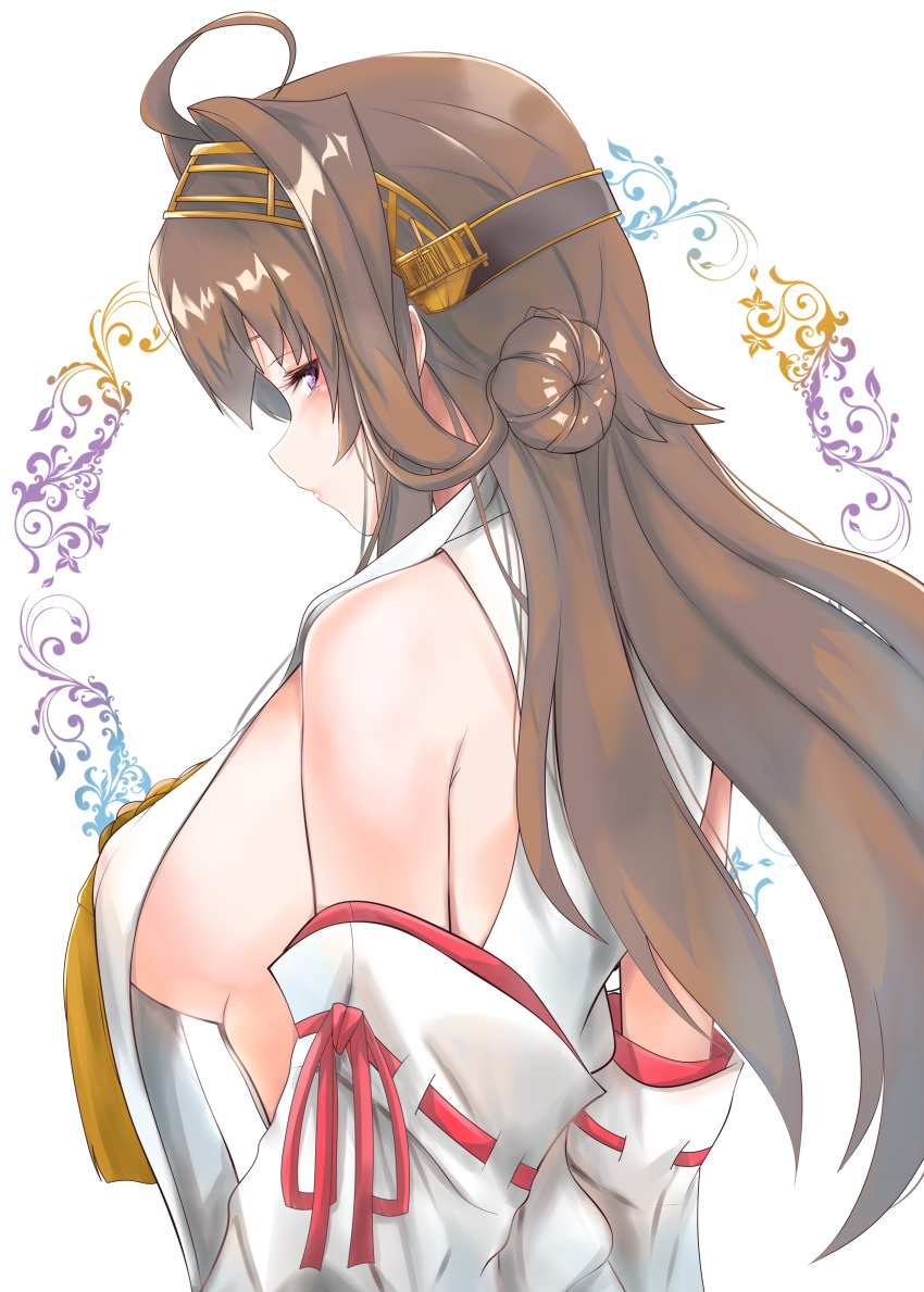 1girl absurdres ahoge breasts brown_hair detached_sleeves double_bun hairband headgear highres japanese_clothes kantai_collection kongou_(kancolle) kongou_kai_ni_(kancolle) large_breasts long_hair nontraditional_miko purple_eyes ribbon-trimmed_sleeves ribbon_trim shamo_(ptwmjgda) sideboob solo upper_body