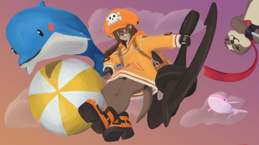 ambiguous_gender anchor anthro backpack baleen_whale ball beach_ball brown_body brown_eyes brown_fur buckle cetacean clothing delphinoid dodomezaki_(guilty_gear) female feral footwear fur gloves group guilty_gear handwear hat headgear headwear hi_res hoodie inflatable iruka_(guilty_gear) knife lineless lutrine male mammal marine may_(guilty_gear) multicolored_body multicolored_fur mustelid narky_sawtooth_(artist) ninja orange_eyes otter_tail pirate pirate_hat scarf sea_otter shirt shoes sky spats teeth toothed_whale topwear two_tone_body two_tone_fur undershirt warrior wristband yamada_(guilty_gear)
