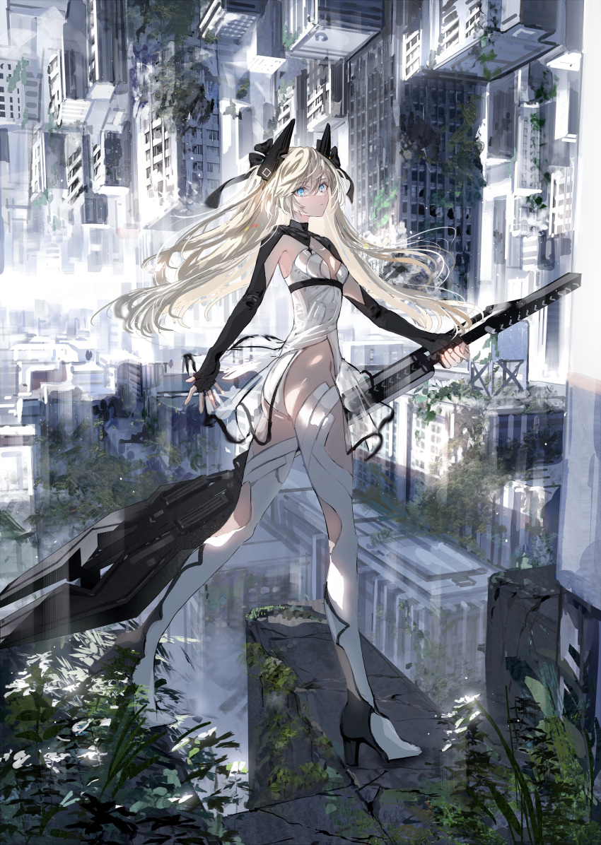1girl abandoned absurdres ass blonde_hair blue_eyes boots breasts building bush cleavage closed_mouth commentary_request flat_ass full_body hairpods high_heel_boots high_heels highres holding holding_sword holding_weapon long_hair looking_at_viewer nanaponi original outdoors ruins science_fiction shirt small_breasts solo sword thigh_boots thighhighs weapon white_legwear white_shirt