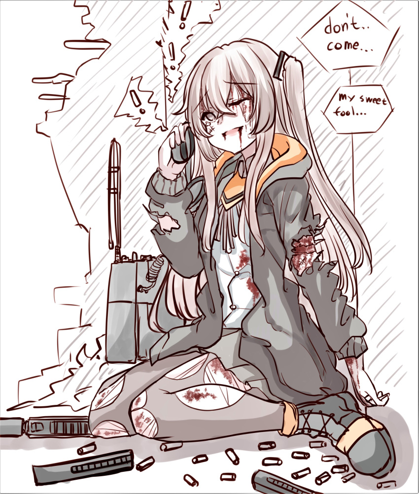 ! 1girl absurdres black_footwear black_jacket black_skirt bleeding blood blood_on_clothes blood_on_face boots brown_hair brown_legwear bullet collared_shirt english_commentary english_text girls'_frontline grey_eyes gun h&amp;k_ump highres holding injury jacket long_hair magazine_(object) one_side_up peroronti radio ribbon shirt simple_background skirt solo speech_bubble submachine_gun tearing_up torn_clothes torn_legwear ump45_(girls'_frontline) weapon white_shirt