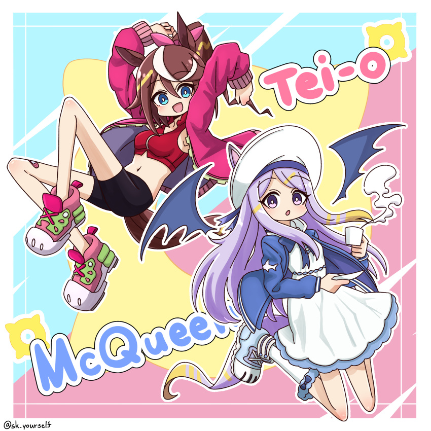 2girls :d :o absurdres animal_ears arms_up ask_yourself bandaid bandaid_on_leg bangs bike_shorts blonde_hair blue_bow blue_eyes blue_footwear blue_jacket bow breasts brown_hair character_name commentary_request cosplay cropped_vest cup dress ears_through_headwear eyebrows_visible_through_hair flat_chest full_body hair_between_eyes hair_bow hair_flaps hat high_ponytail highres holding holding_cup holding_plate horse_ears horse_girl horse_tail jacket ki-sikil_(yu-gi-oh!) ki-sikil_(yu-gi-oh!)_(cosplay) kneehighs lil-la_(yu-gi-oh!) lil-la_(yu-gi-oh!)_(cosplay) live_twin_ki-sikil live_twin_lil-la long_hair long_sleeves looking_at_viewer medium_breasts mejiro_mcqueen_(umamusume) midriff multicolored_background multicolored_hair multiple_girls navel open_clothes open_jacket open_mouth outline partial_commentary pink_bow pink_footwear pink_jacket plate ponytail purple_eyes purple_hair red_vest sailor_hat shoes sidelocks smile sneakers steam streaked_hair swept_bangs tail tea tokai_teio_(umamusume) twitter_username two-tone_hair umamusume vest white_dress white_hair white_headwear white_legwear wings yu-gi-oh!