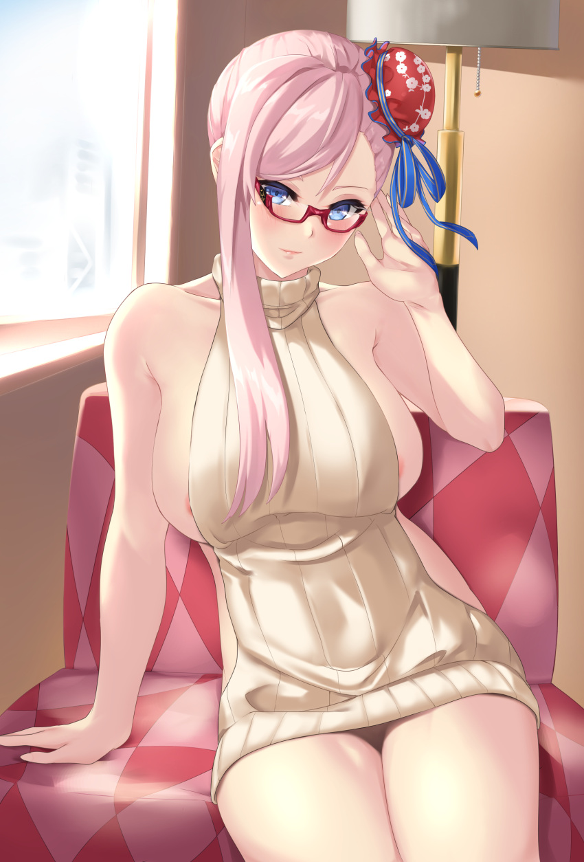 1girl absurdres areola_slip areolae bangs blue_eyes blush breasts bun_cover fate/grand_order fate_(series) glasses hair_bun hair_ribbon highres large_breasts long_hair looking_at_viewer meme_attire miyamoto_musashi_(fate) pink_hair ribbon ryouya side_bun solo swept_bangs virgin_killer_sweater