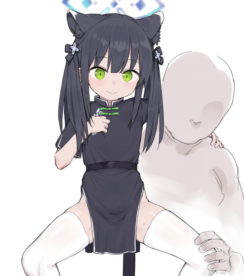 1boy 1girl animal_ear_fluff animal_ears bald black_dress black_hair blue_archive china_dress chinese_clothes clothed_female_nude_male dress faceless faceless_male green_eyes hand_on_another's_knee hand_on_another's_shoulder hand_on_own_chest healthyman hetero highres legs long_hair looking_at_viewer nude short_sleeves shun_(blue_archive) shun_(kid)_(blue_archive) smile spread_legs squatting thighhighs thighs tiger_ears tiger_girl twintails white_legwear