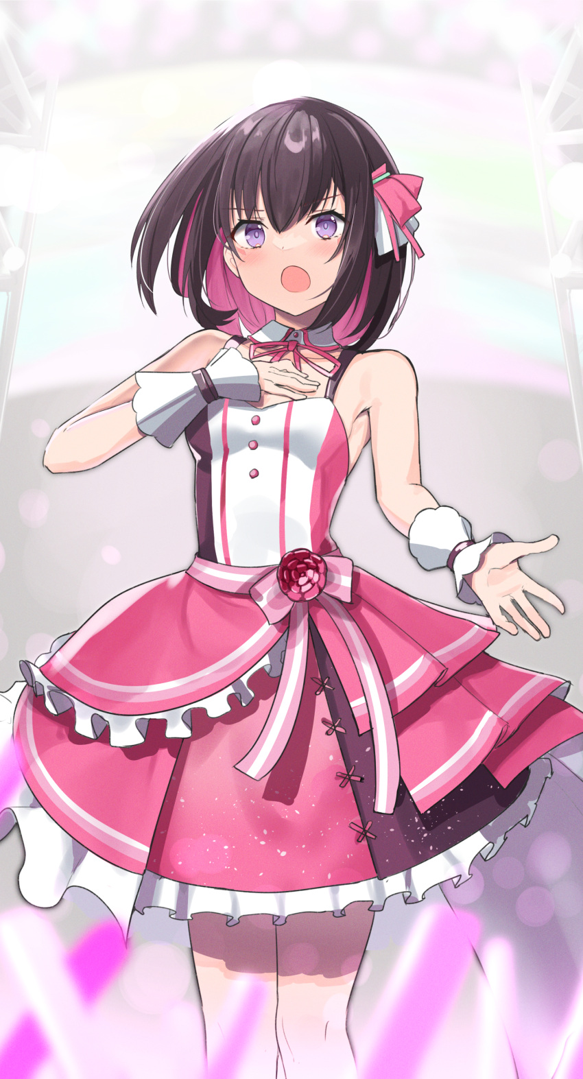 1girl absurdres azki_(hololive) bangs bare_shoulders breasts brown_hair colored_inner_hair eyebrows_visible_through_hair hair_ribbon hand_on_own_chest highres hololive looking_at_viewer multicolored_hair open_mouth pink_hair pink_ribbon pink_skirt purple_eyes ribbon short_hair skirt small_breasts solo standing thighs two-tone_hair virtual_youtuber wrist_cuffs yuuzuki_(re'ef)