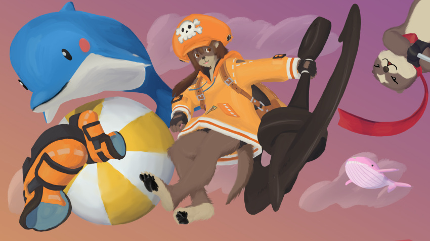 ambiguous_gender anchor anthro backpack baleen_whale ball beach_ball brown_body brown_eyes brown_fur buckle cetacean clothing countershade_feet countershading delphinoid dodomezaki_(guilty_gear) feet female feral footwear fur gloves group guilty_gear handwear hat headgear headwear hi_res hoodie inflatable iruka_(guilty_gear) knife lineless lutrine male mammal marine may_(guilty_gear) multicolored_body multicolored_fur mustelid narky_sawtooth_(artist) ninja orange_eyes otter_tail pawpads paws pirate pirate_hat scarf sea_otter shirt shoe_removal shoes sky spats teeth toes toothed_whale topwear two_tone_body two_tone_fur undershirt warrior wristband yamada_(guilty_gear)