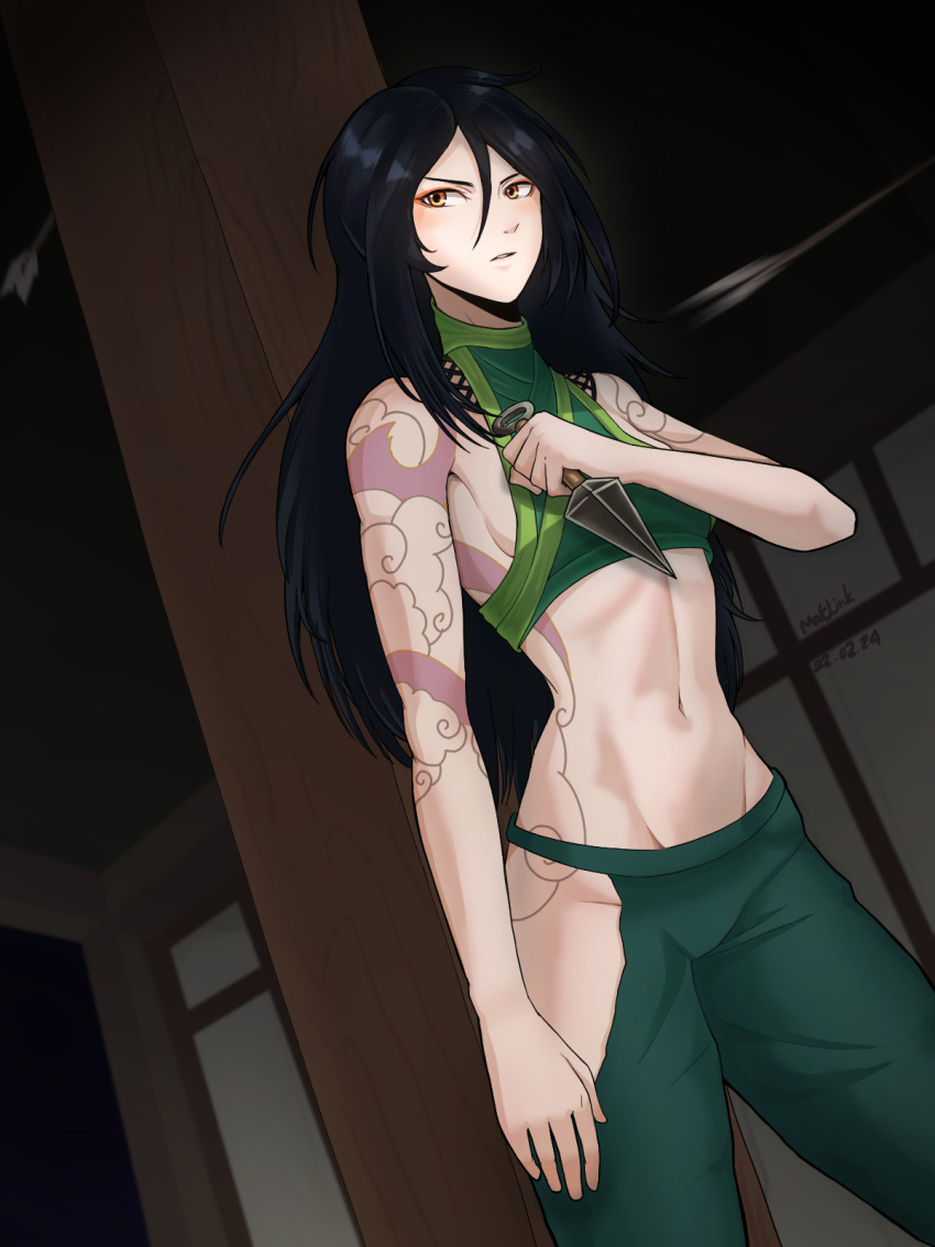 1girl abs akali arm_at_side arm_tattoo arrow_(projectile) artist_name bare_shoulders black_hair breasts crop_top dated english_commentary eyeliner gradient_eyes green_pants green_shirt hair_down hand_on_own_chest hand_up highres hip_vent holding holding_knife indoors knife kunai league_of_legends long_hair looking_to_the_side makeup matlink midriff motion_blur multicolored_eyes navel ninja no_mask orange_eyes pants parted_lips pillar shirt sleeveless sleeveless_shirt small_breasts solo stomach strapless strapless_shirt taking_cover tattoo v-shaped_eyebrows weapon yellow_eyes