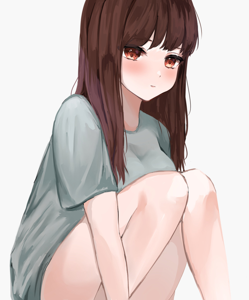 1girl alternate_costume bangs blush breasts brown_eyes brown_hair closed_mouth eyebrows_visible_through_hair grey_background grey_shirt highres iino_miko kaguya-sama_wa_kokurasetai_~tensai-tachi_no_renai_zunousen~ knees_up large_breasts long_hair looking_at_viewer ponzu_(udon) shirt simple_background sitting solo