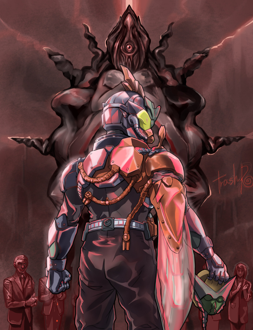 1girl 2boys absurdres asymmetrical_armor beetle bug clapping coffin formal gas_mask giff_(kamen_rider_revice) highres holding_head huujyu insect_wings kamen_rider kamen_rider_beil kamen_rider_revice looking_back mask military military_uniform monster multiple_boys necktie orange_armor red_theme signature single_wing suit tombstone uniform wings