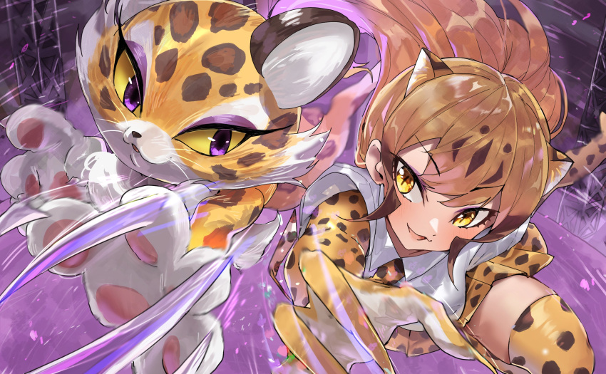 2girls animal_ears animal_hands animal_nose attack bangs black_fur blonde_hair body_fur brown_fur brown_hair cheetah_(kemono_friends) cheetah_ears cheetah_girl cheetah_print clawroline claws colored_inner_hair colored_sclera crossover elbow_gloves extra_ears eyebrows_visible_through_hair fingernails fisheye floating_hair furry furry_female gloves hakoneko_(marisa19899200) highres incoming_attack kemono_friends kirby_(series) kirby_and_the_forgotten_land long_hair looking_at_viewer miniskirt multicolored_hair multiple_girls necktie orange_fur parted_lips print_gloves print_legwear print_necktie print_skirt purple_eyes sharp_fingernails shirt short_sleeves side-by-side skirt slit_pupils smile snout spotted_hair thighhighs trait_connection tsurime v-shaped_eyebrows whiskers white_shirt yellow_eyes yellow_fur yellow_sclera zettai_ryouiki