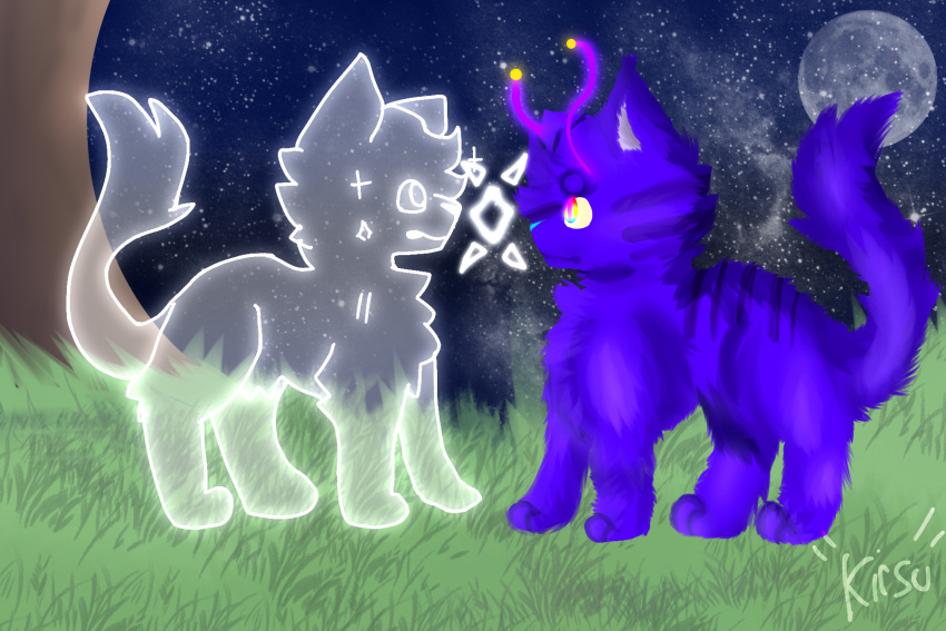 atennae ears_up fluffy fur ghost hi_res light lighting multicolored_eyes purple_body purple_fur rainbow_eyes realistic shaded spirit thin_tail