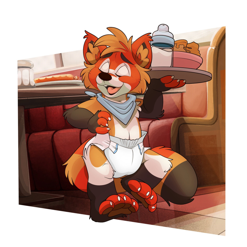 ailurid anthro baby_bottle bandanna booth claws diaper diner eyes_closed feet floor food furniture hand_on_hip hi_res kerchief male mammal milk open_mouth pawpads red_panda smokeyaussie solo table tile tile_floor tongue tray waiter