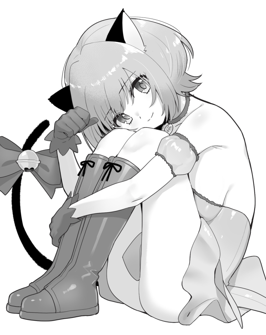 1girl animal_ears bell boots bow breasts cat_ears cat_tail closed_mouth detached_sleeves dress greyscale head_tilt highres hugging_own_legs jingle_bell looking_at_viewer medium_breasts medium_hair mew_ichigo momomiya_ichigo monochrome ohlia paw_pose puffy_detached_sleeves puffy_short_sleeves puffy_sleeves short_dress short_sleeves sideboob simple_background smile solo strapless strapless_dress tail tail_bell tail_bow tail_ornament tail_raised tokyo_mew_mew white_background