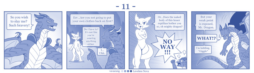 blue_and_white comic detailed_background dialogue dragon english_text female feral hi_res horn kobold larger_feral male monochrome shocked_expression size_difference smaller_female suggestive_dialogue text vavacung wings