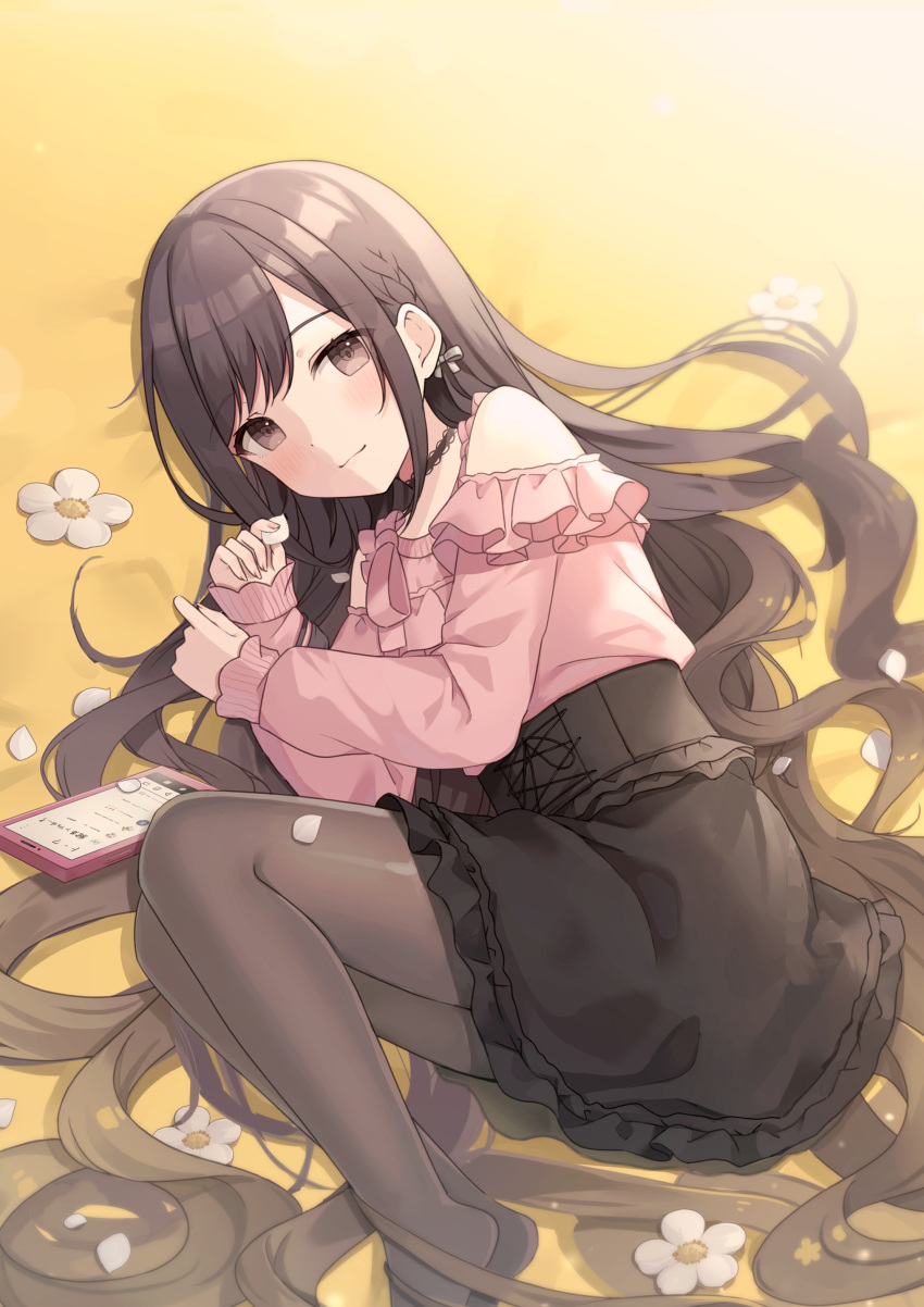 1girl absurdres amai_melo bangs black_choker black_skirt blouse blush bow brown_eyes brown_hair brown_legwear cellphone choker flower frilled_choker frilled_shirt frills hair_bow highres long_hair long_sleeves looking_at_viewer lying on_side pantyhose phone pink_shirt project_sekai shinonome_ena shirt skirt smartphone solo