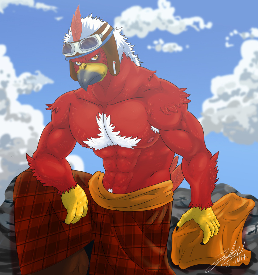 anthro avian beak biceps biped bird bottomwear bud_(doubutsu_sentai_zyuohger) check_tag_type claws clothed clothing doubutsu_sentai_zyuohger eyewear feathers fur hair headgear hi_res jabuhusky male male/male muscular muscular_anthro muscular_male nipples orange_eyes outside partially_clothed pecs plaid pose red_body red_fur rock sitting sky solo topless white_body white_fur