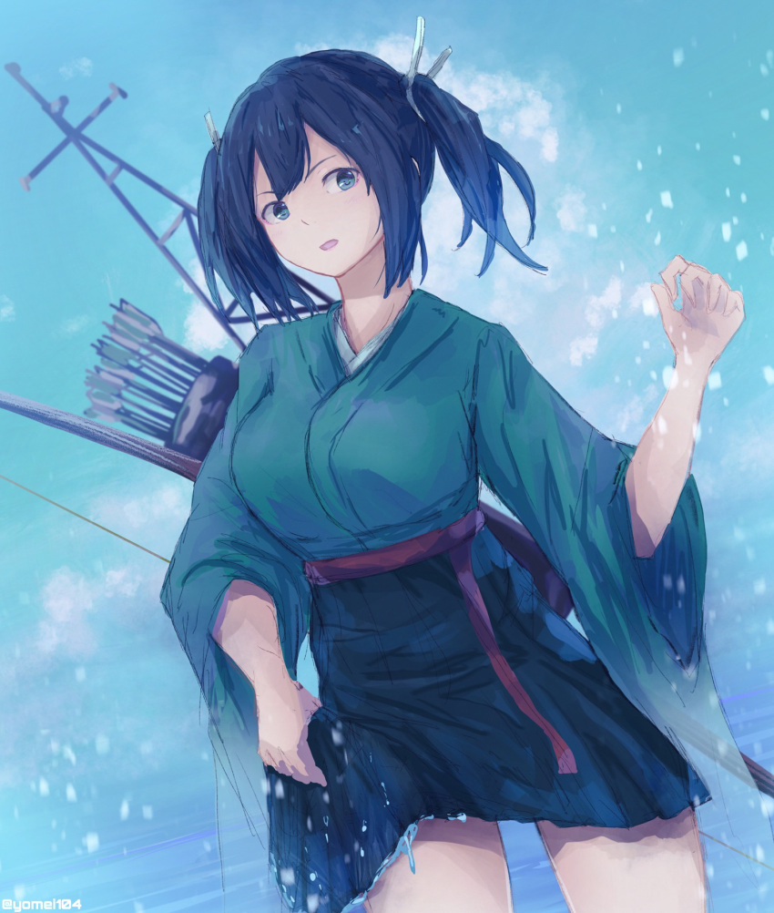 1girl arrow_(projectile) blue_hair blue_sky bow_(weapon) breasts cloud cloudy_sky day flight_deck gloves green_hakama green_kimono hair_between_eyes hair_ribbon hakama hakama_short_skirt hakama_skirt headband highres japanese_clothes kantai_collection kimono large_breasts ocean one-hour_drawing_challenge open_mouth outdoors partially_fingerless_gloves pleated_skirt quiver ribbon skirt sky solo souryuu_(kancolle) twintails water weapon wet wet_clothes yomi_(yomi14_pyaon) yugake