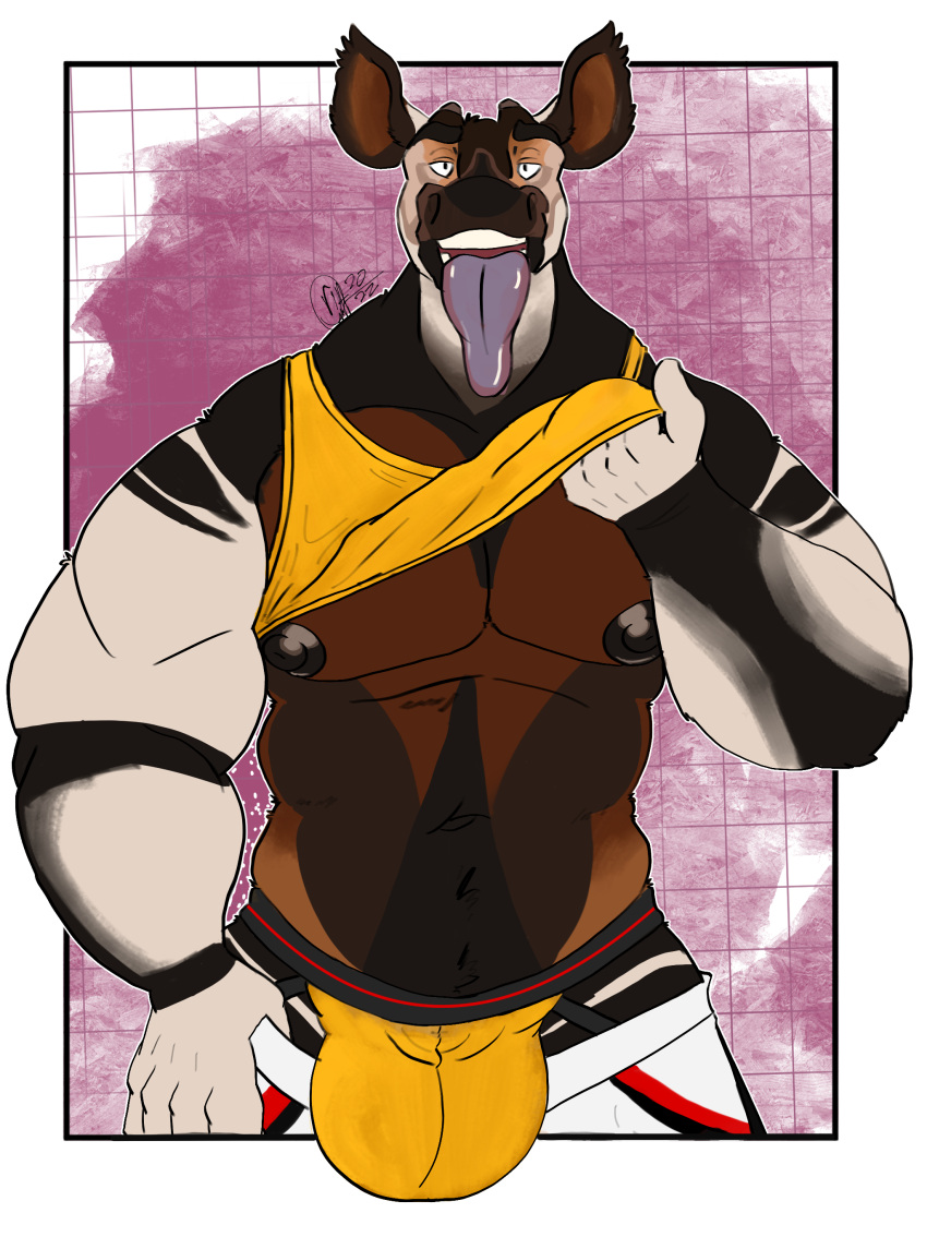 absurd_res anthro bulge clothed clothing clothing_lift giraffid hi_res jockstrap male mammal muscular nipples okapi pulling_pants_down silas_(v1nw0lf) solo tongue tongue_out underwear v1nw0lf