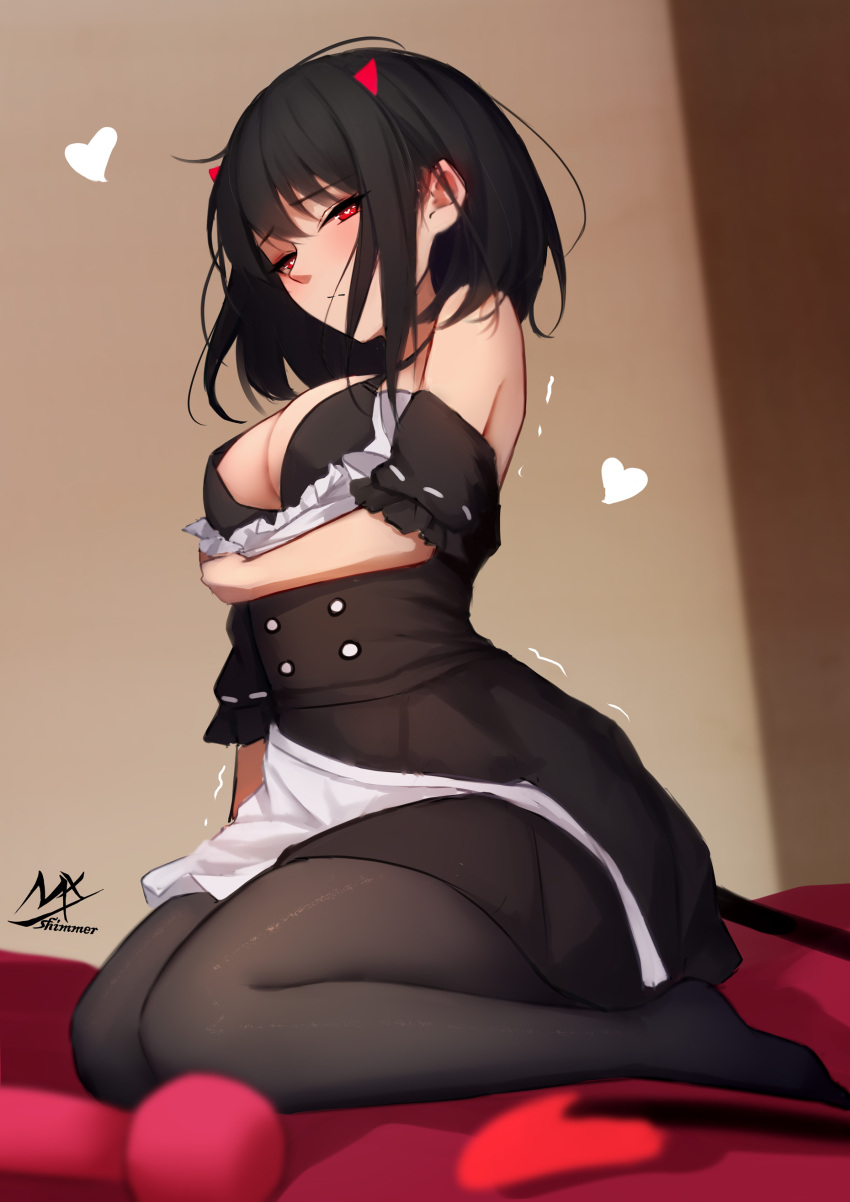 1girl absurdres alternate_costume apron arm_under_breasts artist_logo artist_name bangs bare_shoulders black-haired_demon_girl_(shimmer) black_dress black_hair black_legwear blurry blurry_background breasts buttons cleavage double-breasted dress enmaided eyebrows_visible_through_hair heart heart-shaped_pupils highres large_breasts maid medium_hair original pantyhose red_eyes seiza sex_toy shimmer sitting solo symbol-shaped_pupils trembling white_apron