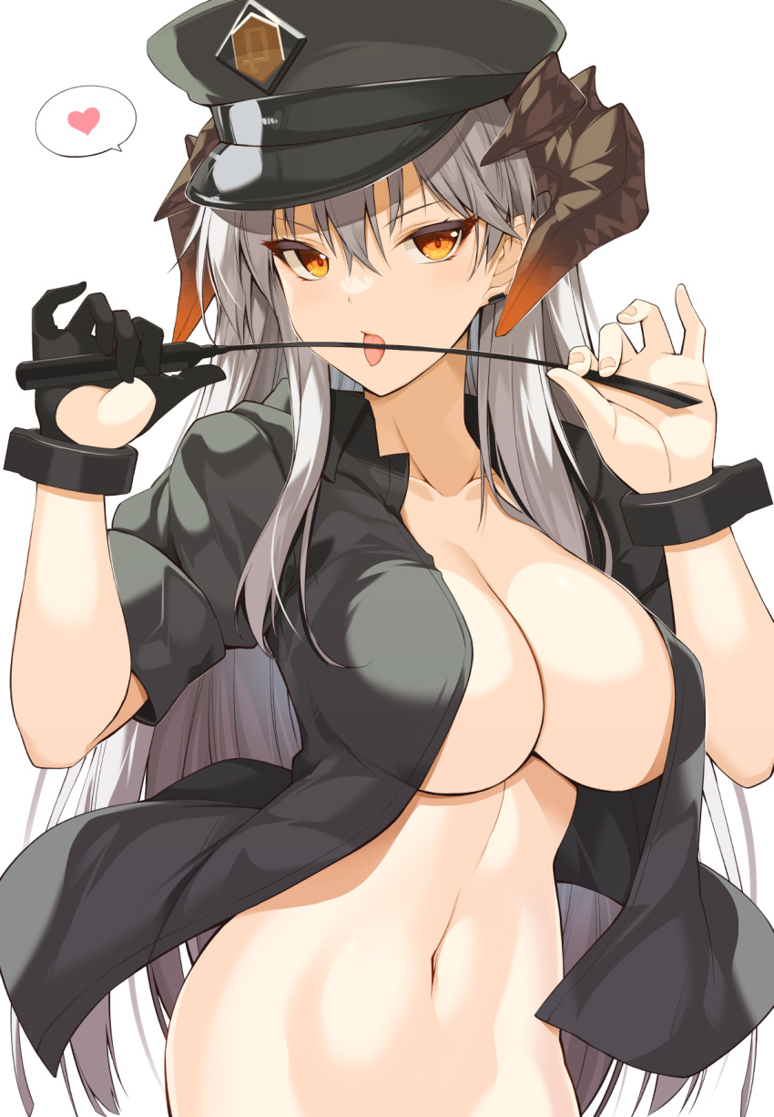 1girl arknights bangs black_gloves black_headwear black_shirt breasts cleavage collarbone cuffs earrings eyebrows_visible_through_hair gloves hat heart highres holding jewelry large_breasts long_hair looking_at_viewer naked_shirt navel no_bra official_alternate_costume ohta_yuichi open_clothes open_mouth open_shirt orange_eyes peaked_cap riding_crop saria_(arknights) saria_(the_law)_(arknights) shackles shirt short_sleeves silver_hair simple_background single_glove solo speech_bubble spoken_heart stomach tongue tongue_out upper_body v-shaped_eyebrows very_long_hair white_background