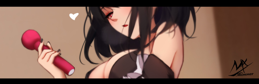 1girl alternate_costume artist_logo artist_name bangs black-haired_demon_girl_(shimmer) black_bra black_hair bra breasts cleavage detached_sleeves enmaided heart highres holding holding_toy large_breasts letterboxed maid open_mouth original red_eyes sex_toy shimmer toy underwear