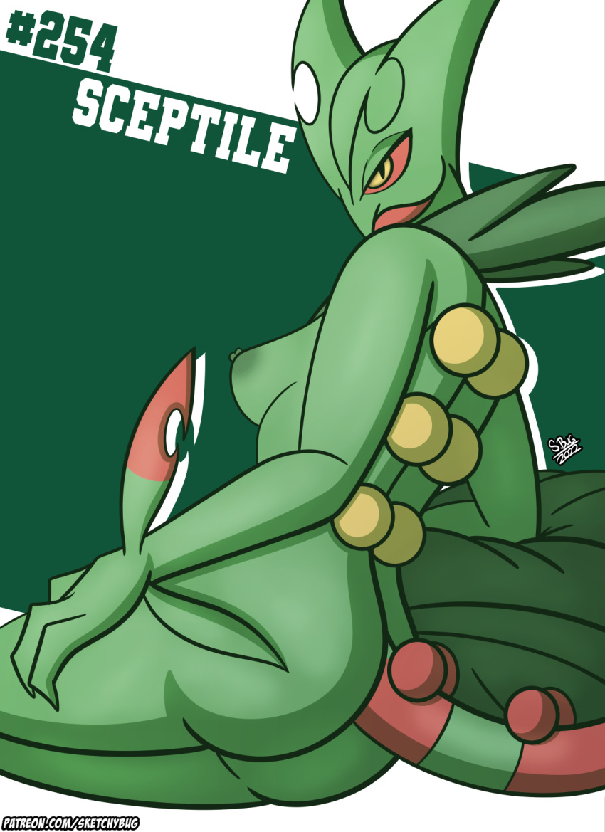 anthro breasts butt english_text female green_body hi_res nintendo nipples nude pok&eacute;mon pok&eacute;mon_(species) sceptile sketchybug solo text video_games
