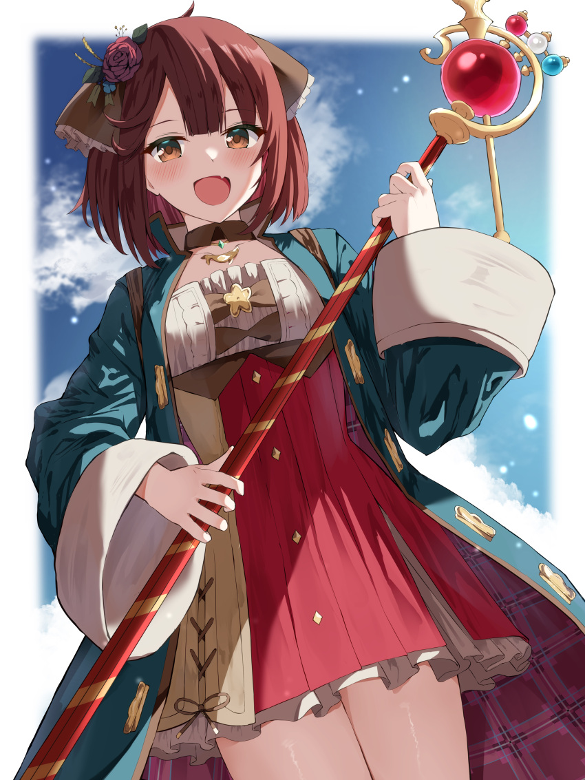 1girl :d absurdres atelier_(series) atelier_sophie blue_coat brown_eyes coat cowboy_shot dress fang firin flower frilled_dress frills from_below hair_flower hair_ornament hair_scarf hand_up happy highres holding holding_staff long_sleeves looking_at_viewer medium_hair multicolored_clothes multicolored_dress outdoors red_dress red_eyes red_hair smile solo sophie_neuenmuller staff thighs wide_sleeves