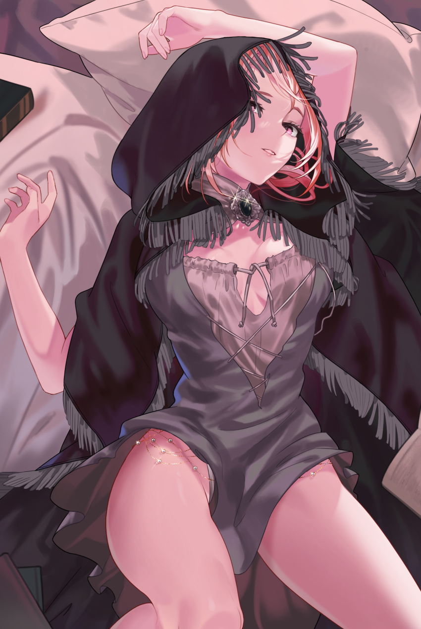 1girl bed_sheet black_cape breasts brooch cape cleavage dress elden_ring fia_the_deathbed_companion fringe_trim from_above glint grey_dress highres hood hood_up hooded_cape jewelry knee_up looking_at_viewer looking_up lying medium_breasts on_back on_bed parted_lips peach_luo pillow purple_eyes red_hair short_hair smile solo thighs