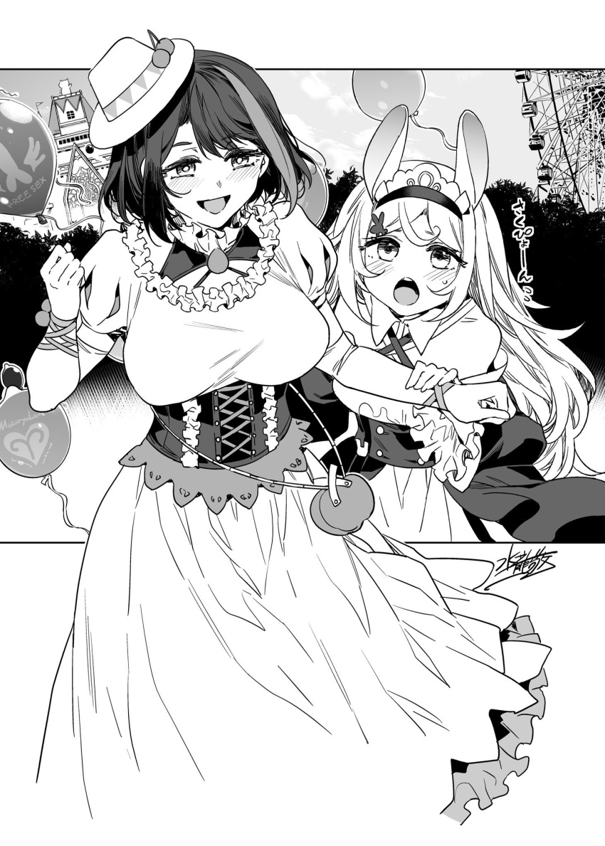 2girls amusement_park animal_ears balloon blush breasts bunny_hair_ornament castle ferris_wheel greyscale hair_ornament hat hayashi_pyonpyoko headdress heart highres large_breasts mizuryu_kei mizuryuland monochrome multiple_girls open_mouth penis rabbit_ears signature tama_project tsumuki_sakura virtual_youtuber