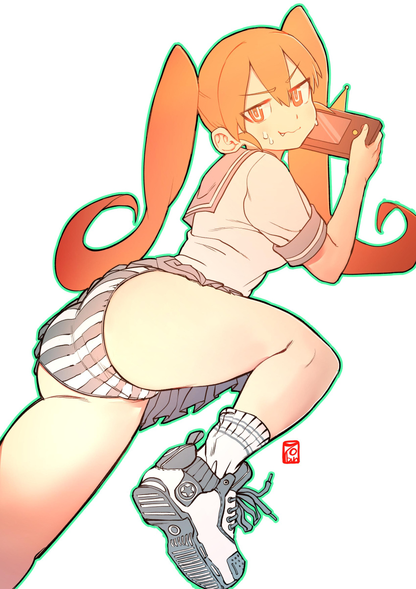 7bun_junbun absurdres ass bangs blue_skirt closed_mouth converse eyebrows_visible_through_hair fang fang_out fingernails green_outline hair_between_eyes handheld_game_console highres legs long_hair lying miniskirt on_stomach orange_eyes orange_hair outline panties pleated_skirt sailor_collar school_uniform seal_impression serafuku shoes signature simple_background skirt sleeves_folded_up sneakers striped striped_panties sweat tube_socks twintails ueno-san_wa_bukiyou ueno_(ueno-san_wa_bukiyou) underwear wavy_mouth white_background